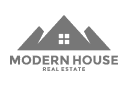 Gray logo featuring a stylized house roof with a window, above the words MODERN HOUSE in bold letters and REAL ESTATE in smaller text below.