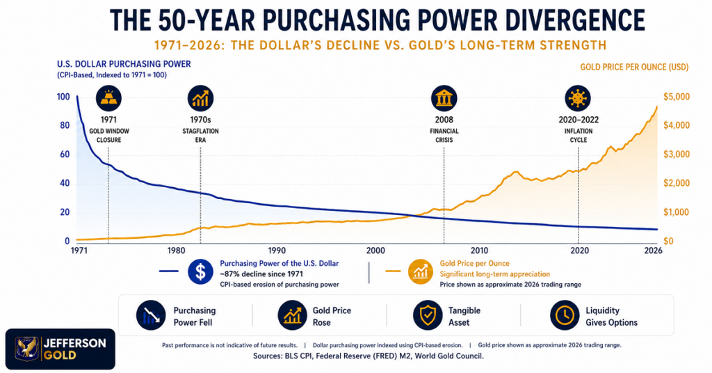 50-year chart showing U.S. dollar purchasing power declining ~87% since 1971 while gold price rose significantly. aka gold bullion vs inflation