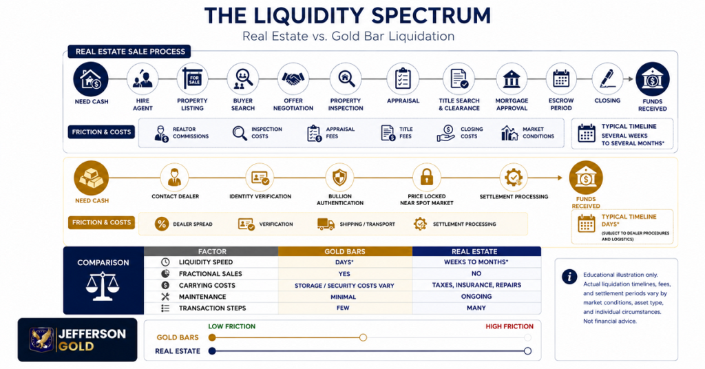 Infographic comparing real estate vs gold bars liquidity spectrum, showing faster settlement and lower friction for physical gold
