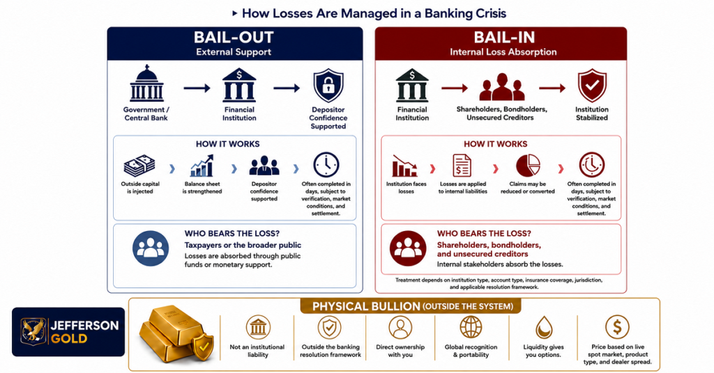 Infographic comparing bank bail-out vs bail-in in a crisis, highlighting physical gold bullion as outside the banking system comparing negative interest rates with gold