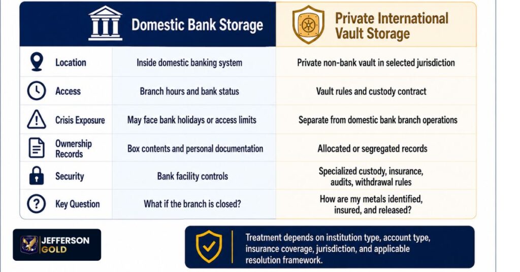 Domestic Bank Storage vs. Private International Vault Storage. Where Your Gold Is Held Matters.