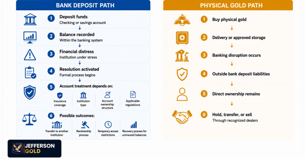 Infographic Layout Specification Title Bank Deposit vs. Physical Gold During an Institutional Crisis Left Side: Bank Deposit Path Funds deposited into checking or savings account Balance recorded within banking system Institution experiences financial distress Resolution framework activated Account treatment depends on: Insurance coverage Institution type Account ownership structure Applicable regulations Potential outcomes: Transfer to another institution Receivership process Temporary access restrictions Recovery process for uninsured balances Right Side: Physical Gold Path Customer purchases physical gold Gold delivered or stored in approved facility Banking disruption occurs Gold remains outside bank deposit liabilities Owner retains direct ownership Metal may be held, transferred, or sold through recognized dealers Compliance Note Treatment depends on institution type, account type, insurance coverage, jurisdiction, and applicable resolution framework.