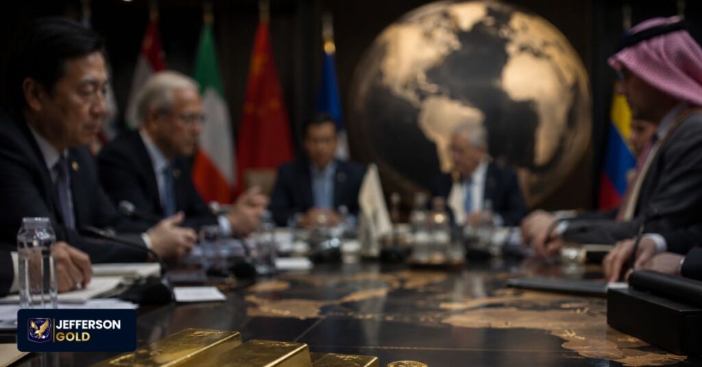 Illustration shows a businessman choosing between dollar-dominated finance and a multipolar global currency system with BRICS flags.