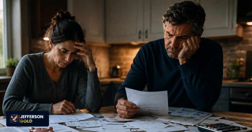 Stressed couple reviewing financial documents at kitchen table, illustrating liquidity challenges and difficulty accessing capital during market stress