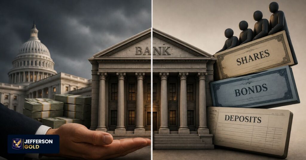 Bail-out versus bail-in comparison showing bank rescue by government support versus losses absorbed by internal stakeholders.