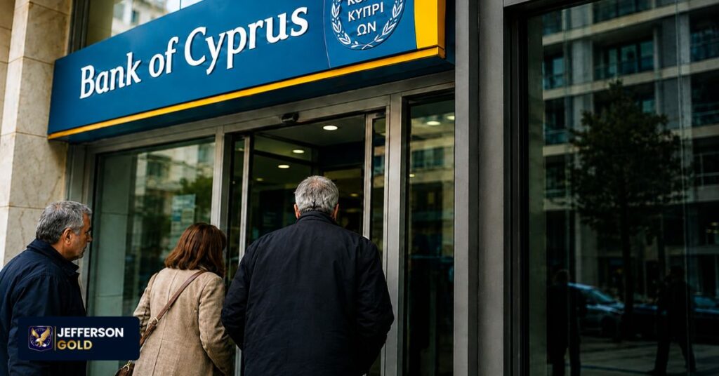 People outside Bank of Cyprus entrance during 2013 crisis, with sign announcing €300 daily cash withdrawal restrictions and temporary measures.