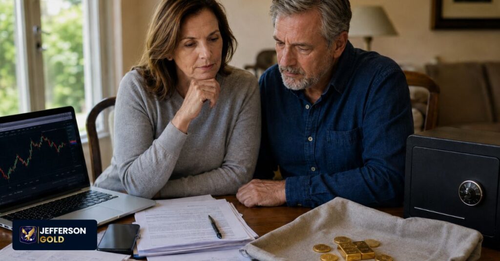 Couple reviews financial documents at home beside a laptop, safe, and small gold bars on cloth tray.