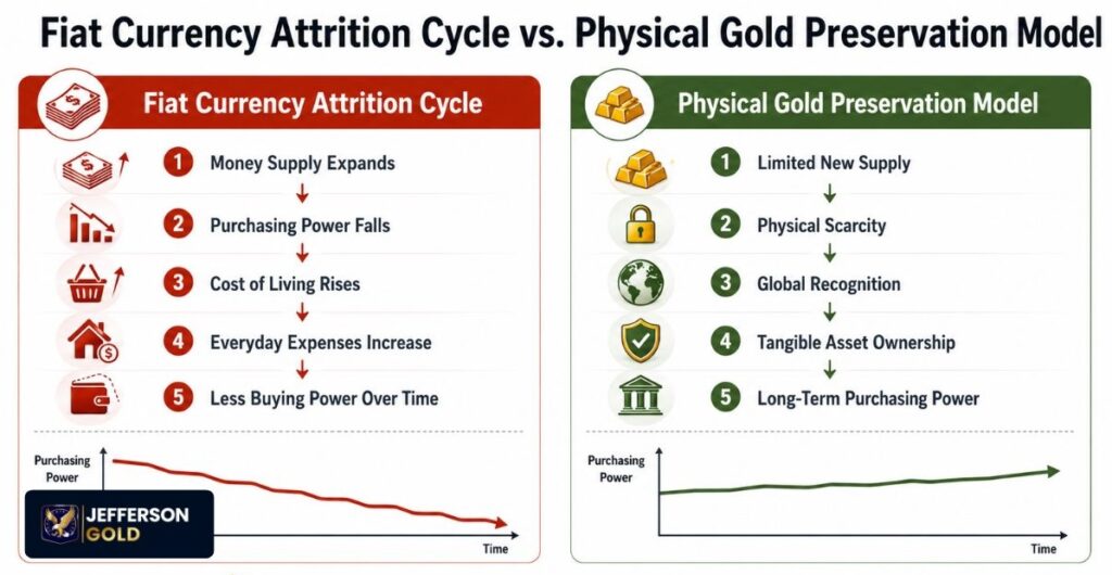 comparing Fiat Currency Attrition Cycle versus Physical Gold Preservation Model, showing declining purchasing power against stable long-term gold protection