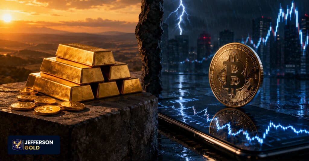 Split-image contrasting stable physical gold bars against volatile Bitcoin during market stress, with calm sunset versus stormy financial chaos
