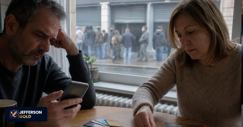 Couple reviews finances and gold coins while a bank line forms outside during restricted account access.