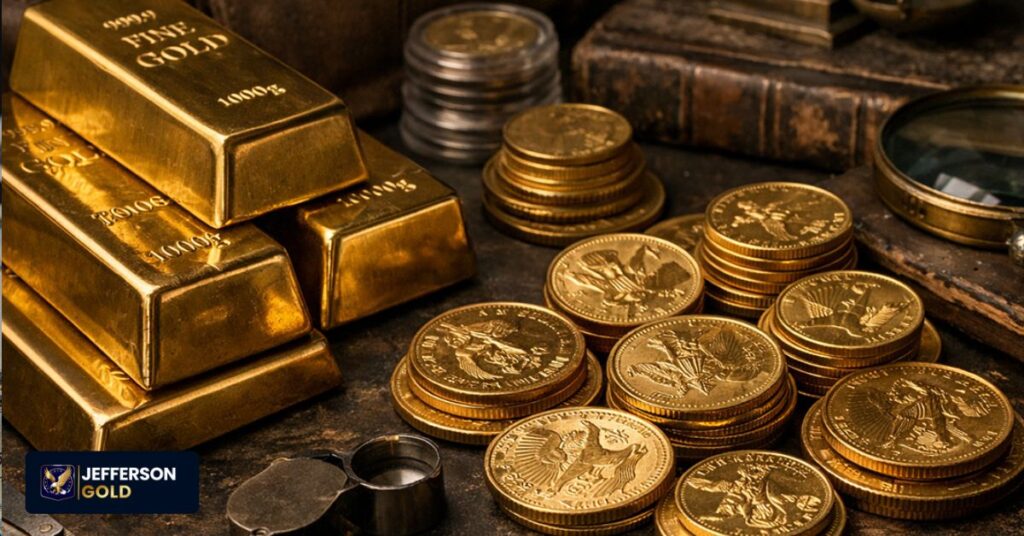 Assortment of physical gold bars and sovereign coins showing options from large bullion to smaller denominations for Inflation Protection with Gold