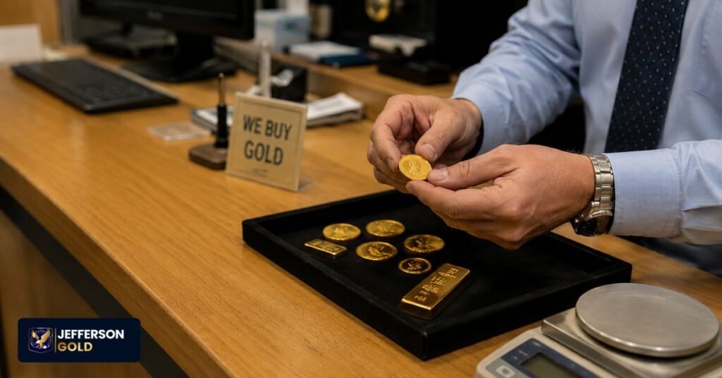 Gold dealer examines coins on counter with scale, tray, and buy-gold sign in background.