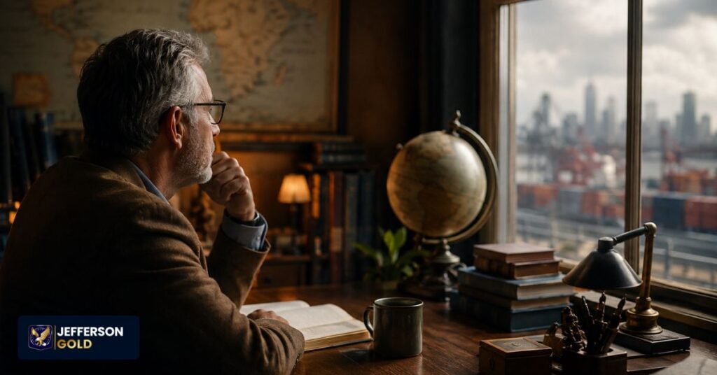 Older man studies a world map at a wooden desk with books, papers, globe, and window light.