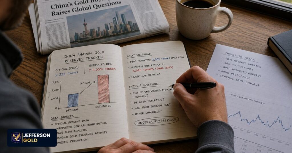 Researcher reviews notes comparing China's reported gold reserves with analyst estimates while tracking reserve transparency questions.