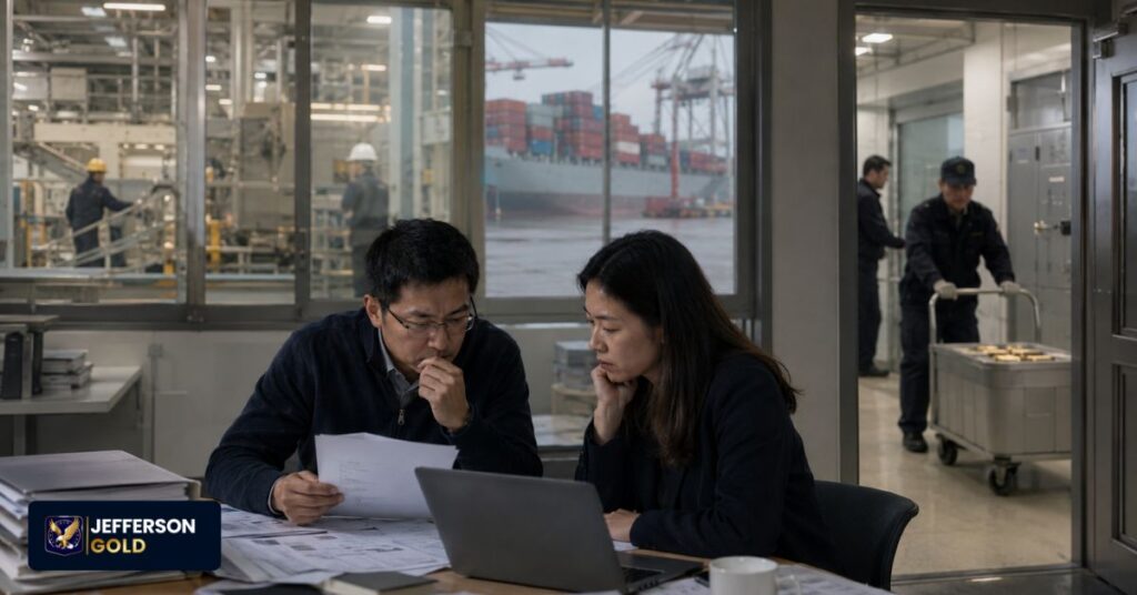 Analysts review documents near industrial facilities and shipping port while assessing China's gold supply and reserves.