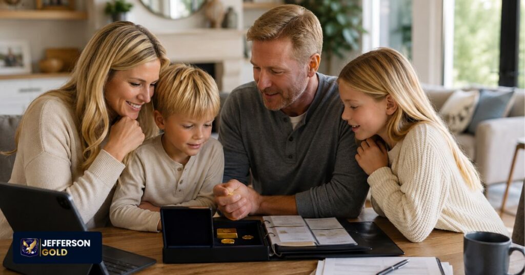 Blonde family of four gathered around table reviewing financial documents, gold coins, and retirement planning materials together.