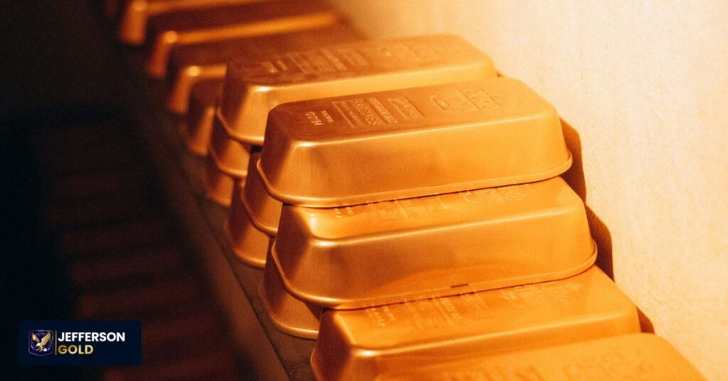 Rows of physical gold bars highlighting direct ownership and protection against counterparty risk outside the banking system