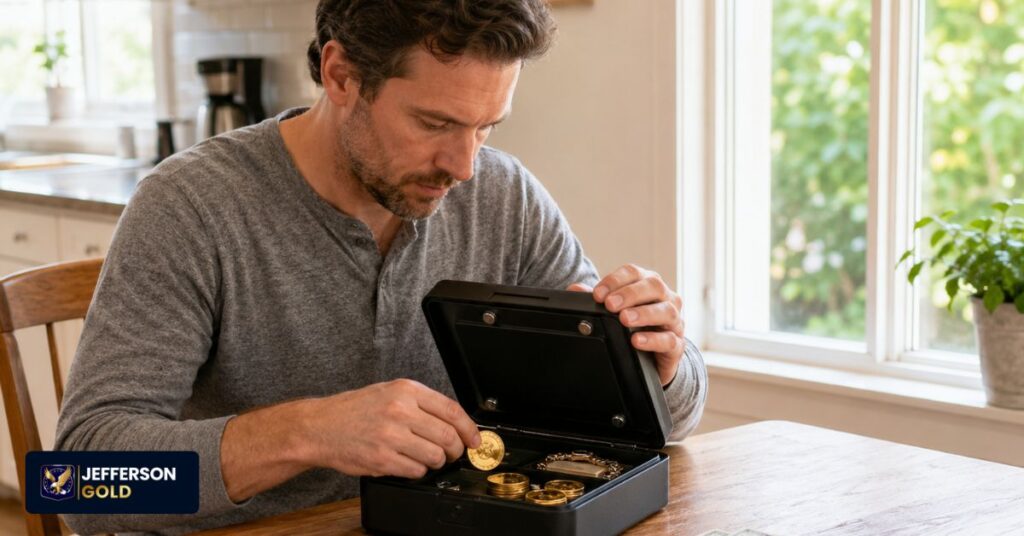 Man reviews gold coins in a home lockbox, planning asset access before potential banking restrictions or market stress.