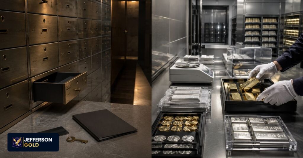Bank safety deposit boxes contrast with a private bullion depository handling organized gold and silver storage.