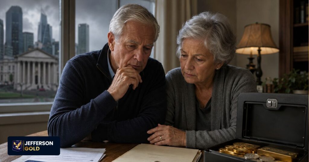 Retired couple reviews financial papers beside gold and silver in a safe, planning long-term wealth protection.