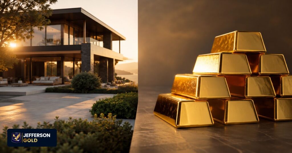 comparing luxury real estate property with stacked physical gold bars, highlighting core ownership differences