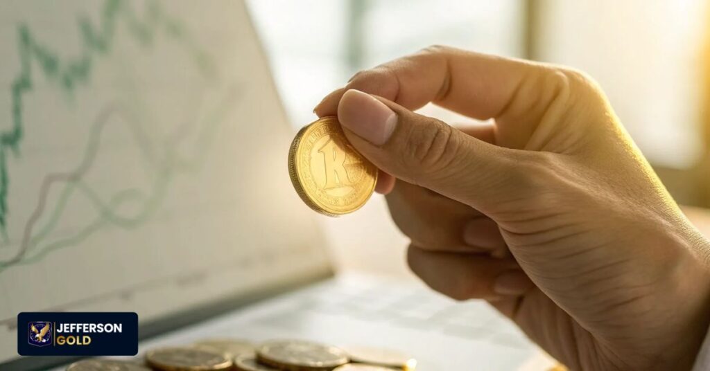 Hand holding a gold coin in foreground, with financial charts on laptop screen and stacked gold coins below.