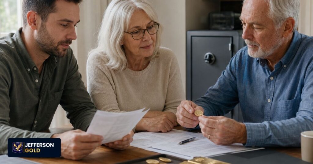 Family discusses financial papers at home with gold bars, coins, and a safe in the nearby background.