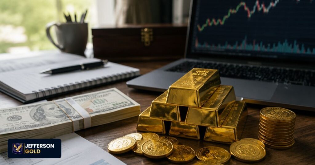 Gold bars and coins on a home office desk with cash, financial charts, and laptop market data.