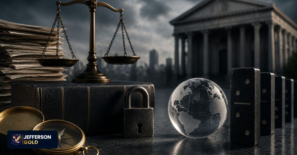 Serious financial resolution scene with legal documents, padlock, globe, scales, and falling dominoes near institution.