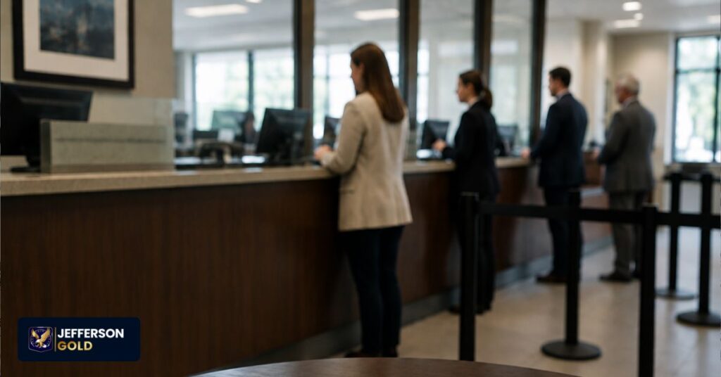 Modern bank lobby with customers at service counters, representing deposit custody, financial institutions, and access.