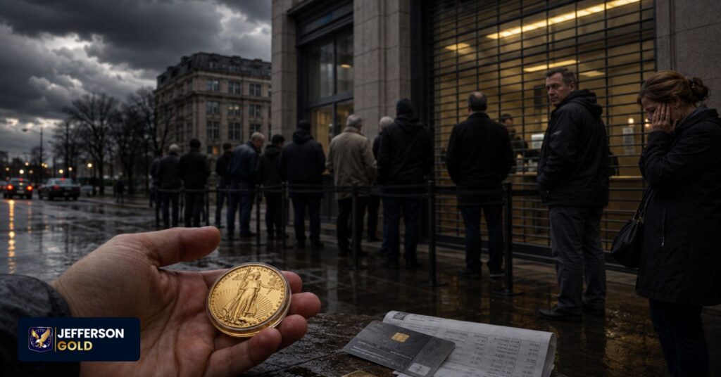 Gold coin held outside a stressed bank illustrates fiat deposit access risks, insurance limits, and systemic uncertainty.