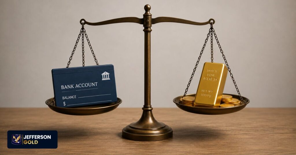 Scales of justice weighing bank account as unsecured liability against physical gold bar as true private property ownership