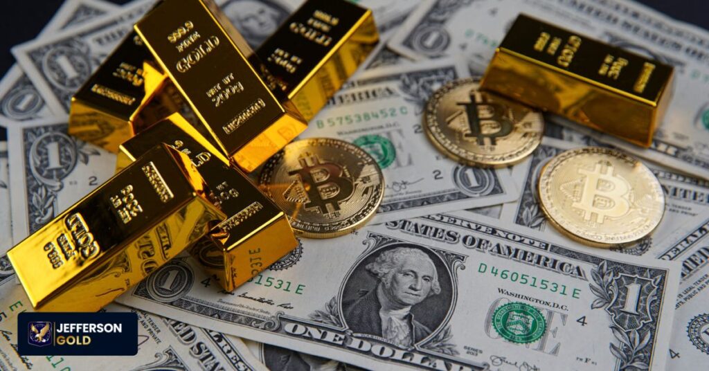 Gold bars and coins contrasting with piles of US dollars, illustrating currency debasement and gold's role against inflation and money supply growth