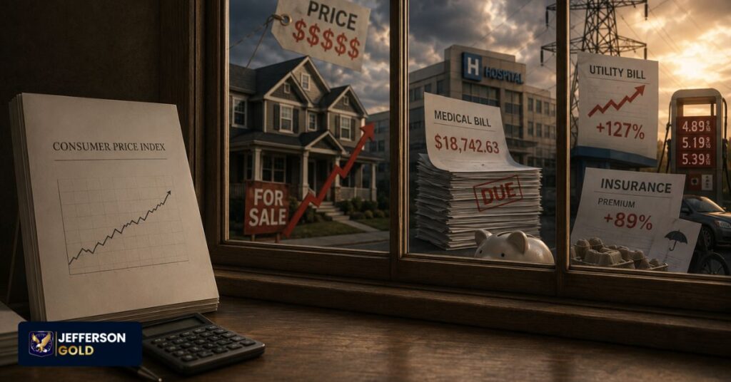 Desk with CPI report and calculator beside window showing surging housing, medical, utility, and insurance costs, exposing CPI limitations.