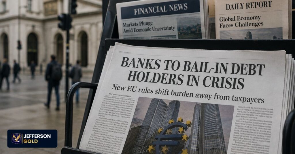 Newspaper rack displays bail-in debt headline near financial district, illustrating regulatory shifts from taxpayer support.