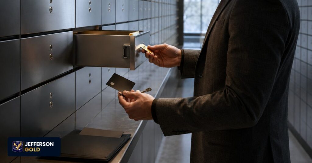Private bank vault scene showing domestic custody concentration, financial documents, access card, key, and physical gold.