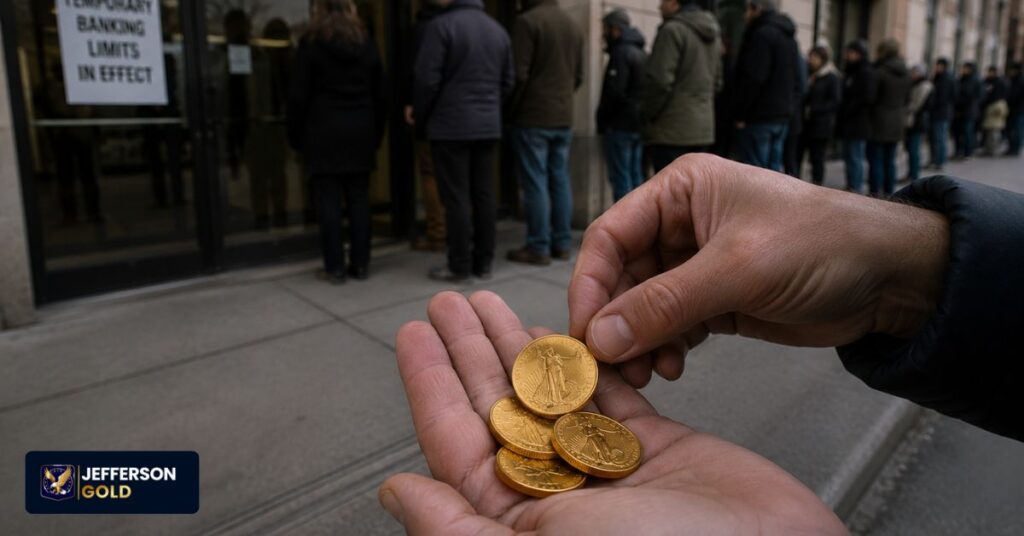 Hands holding gold coins outside a crowded bank, illustrating restricted withdrawals, financial stress, and physical asset access.