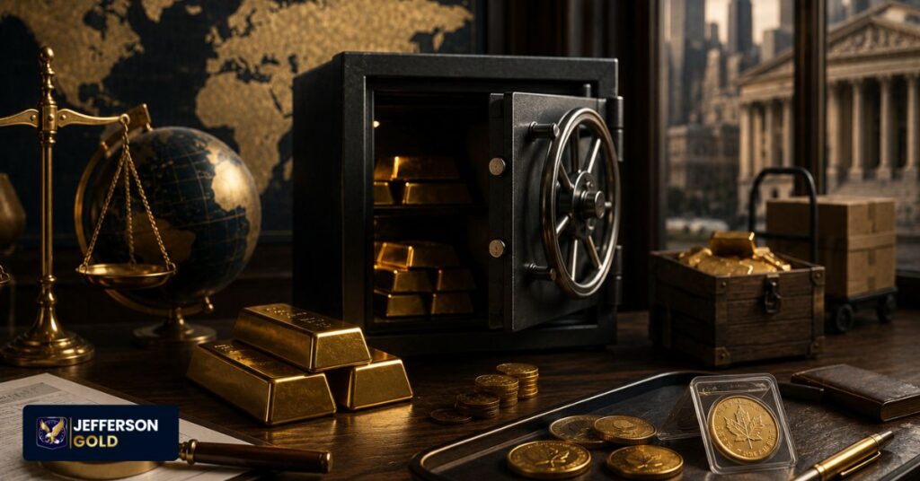 Open vault with physical gold bars and coins on desk with globe and scales, representing gold market liquidity and physical settlement.