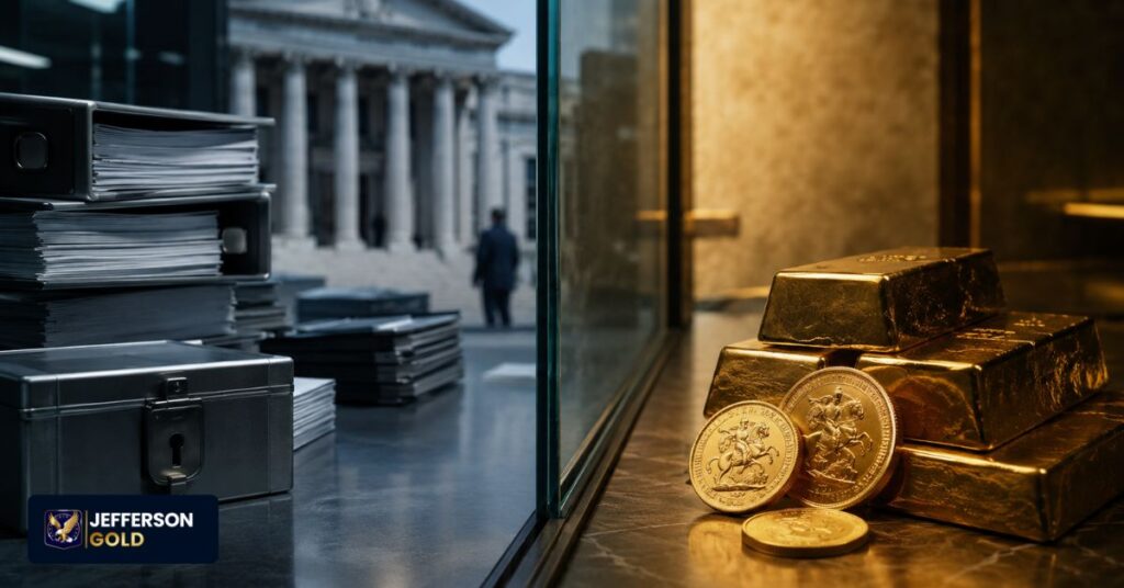 Gold bars and sovereign coins separated from banking paperwork, illustrating independent ownership outside institutions.