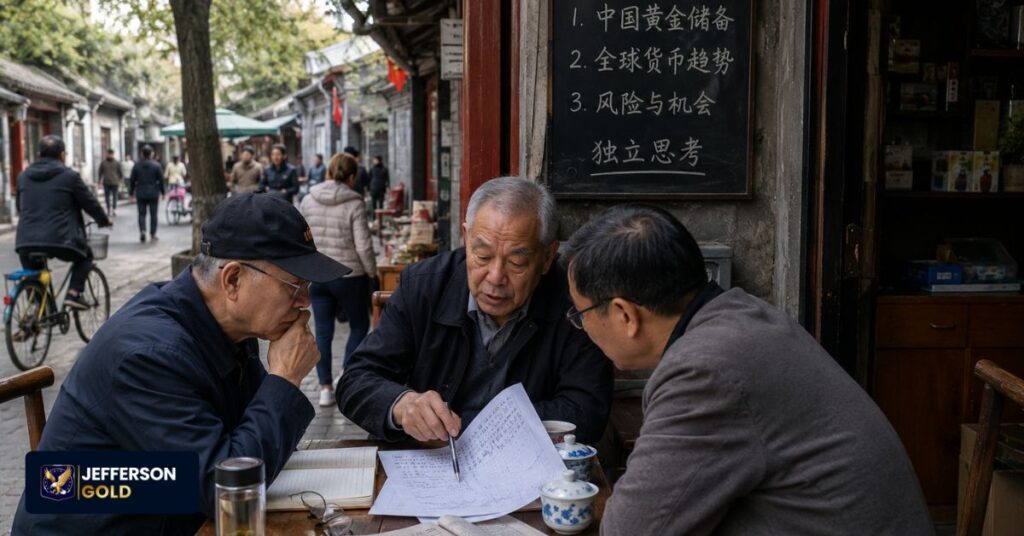Three men review documents at a neighborhood tea shop, reflecting on economic trends and financial uncertainty.
