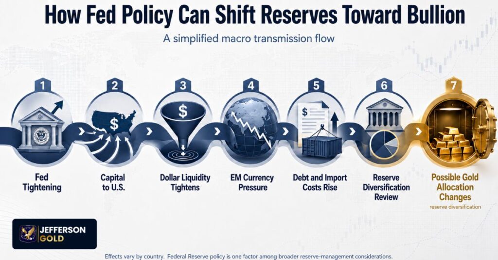 This infographic describes the macroeconomic transmission model linking Federal Reserve policy to global reserve allocation behavior.