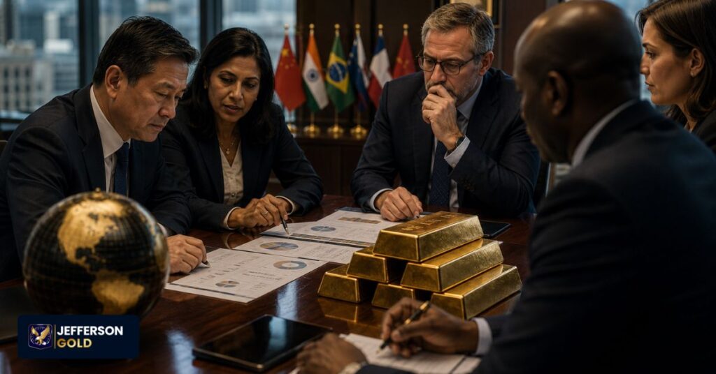Executives discussing global financial strategy around gold bars, charts, flags, and international reserve dynamics meeting