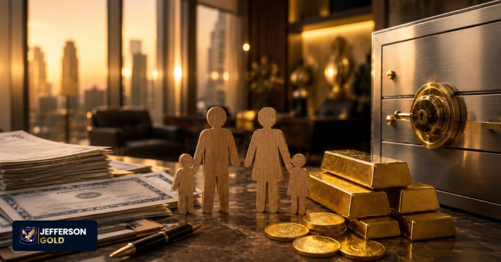 Family stands beside gold bars and safe, symbolizing wealth protection, retirement security, and financial stability concept.