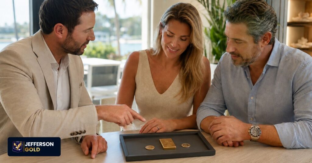 Financial advisor meeting with clients discussing precious metals, featuring a simple gold sample in a bright Florida office setting.