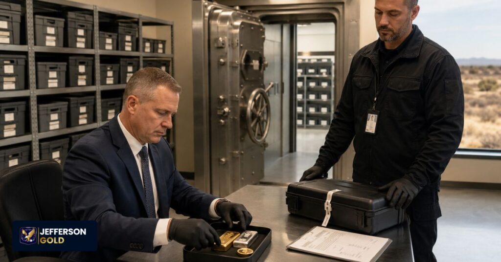 Secure bullion facility showing retirement-eligible precious metals, custody procedures, verification, and controlled storage operations inside a vault.
