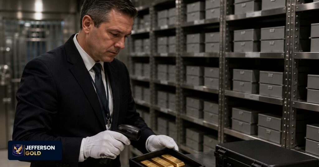 Secure bullion facility showing retirement-eligible precious metals, custody procedures, verification, and controlled storage operations inside a vault.