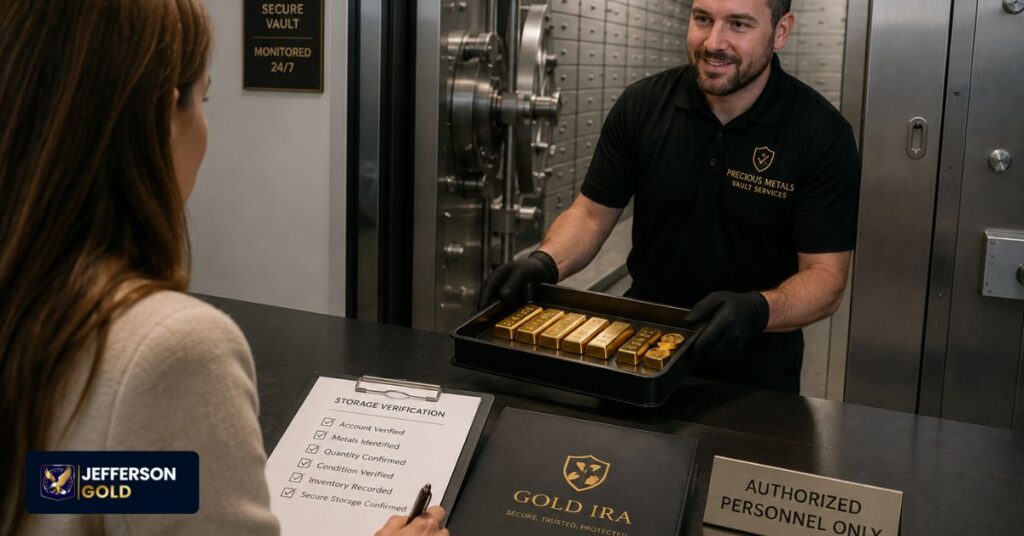 Secure vault personnel verifying physical gold storage with documented custody checks, inventory records, and controlled access procedures.