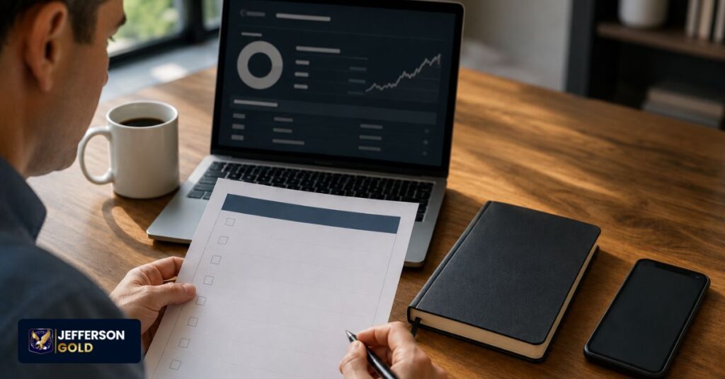 Person reviewing retirement account transfer documents at a modern desk with laptop, checklist, coffee, and financial records.