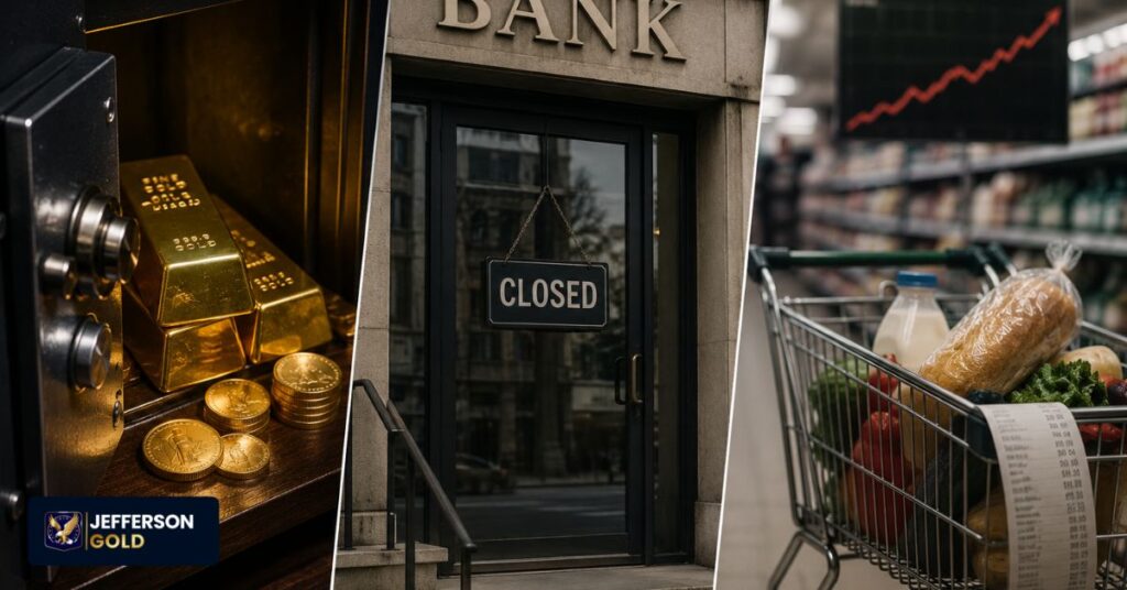 Photorealistic financial scene showing economic uncertainty, bank concerns, rising costs, and personal wealth preservation considerations.