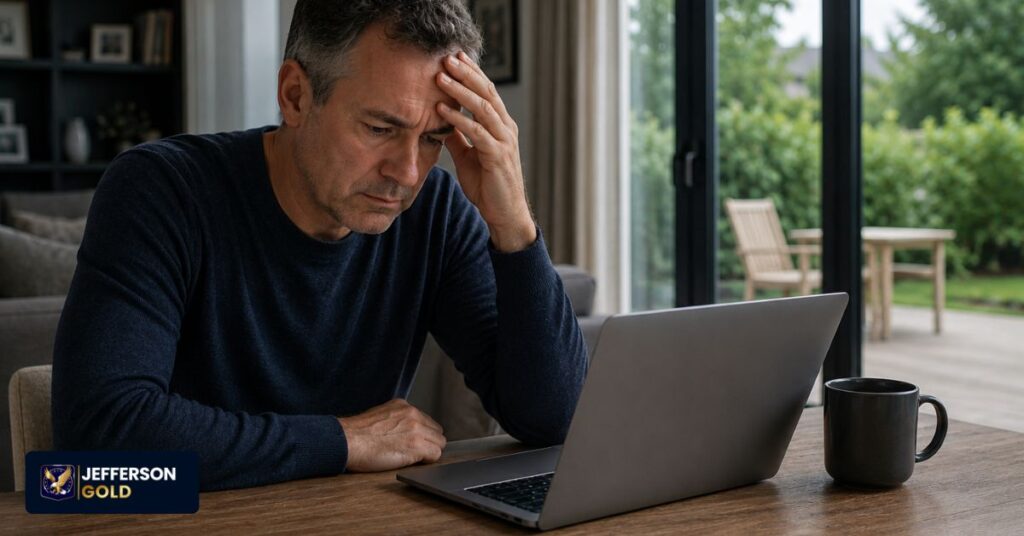 Middle aged man stressed at desk working on laptop inside calm modern home environment natural lighting.